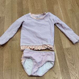 Ruffle Butts Purple and White Striped Kids Swimwear